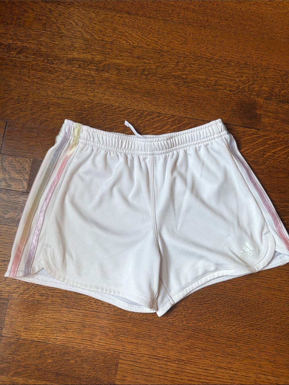 adidas White Women’s Athletic Shorts with Pastel Side Stripes